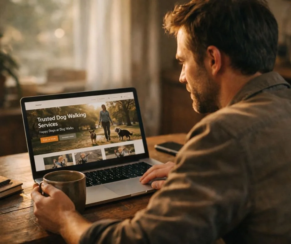 man looking at dog walking website