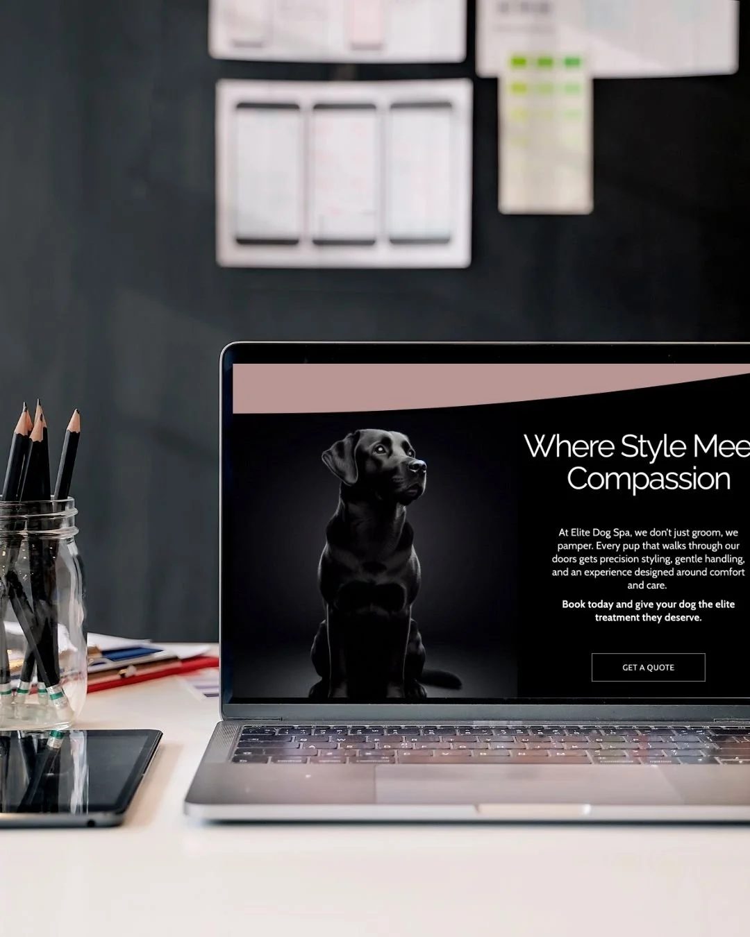 pet business website designed by Pixels Unleashed displayed on a home office laptop