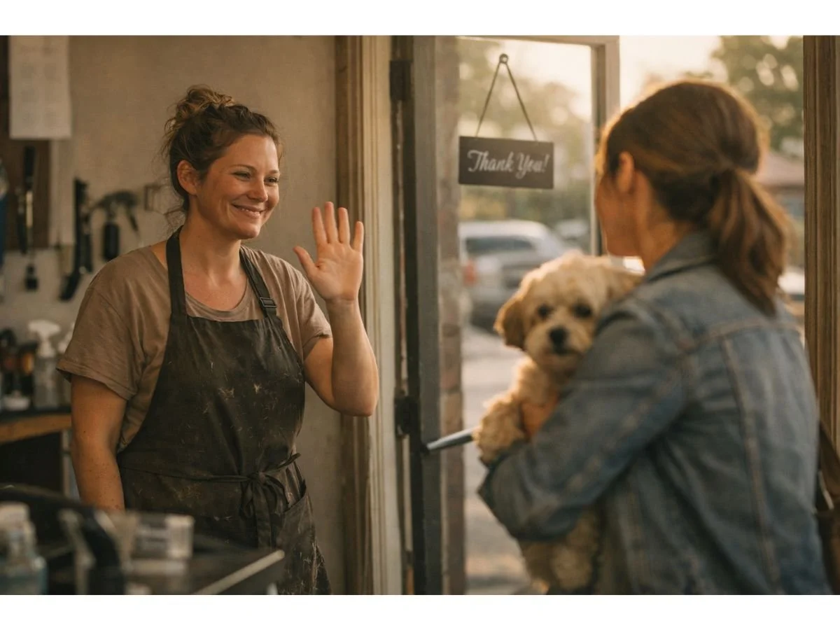 dog groomer waving bye to client