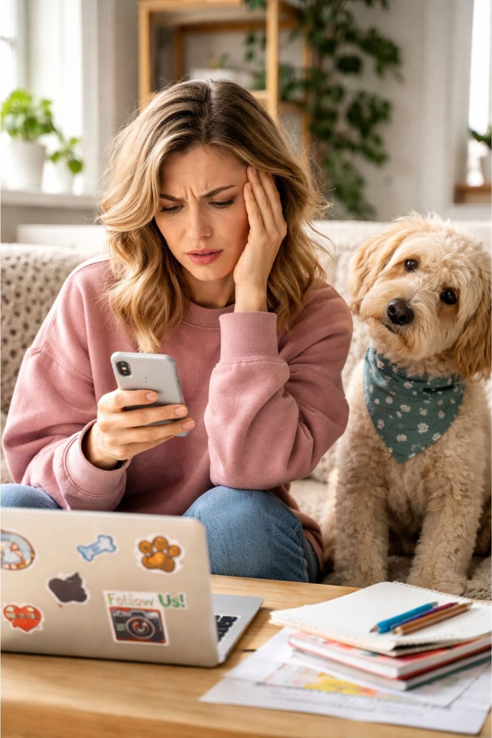 frustrated woman with phone laptop and dog looking onward