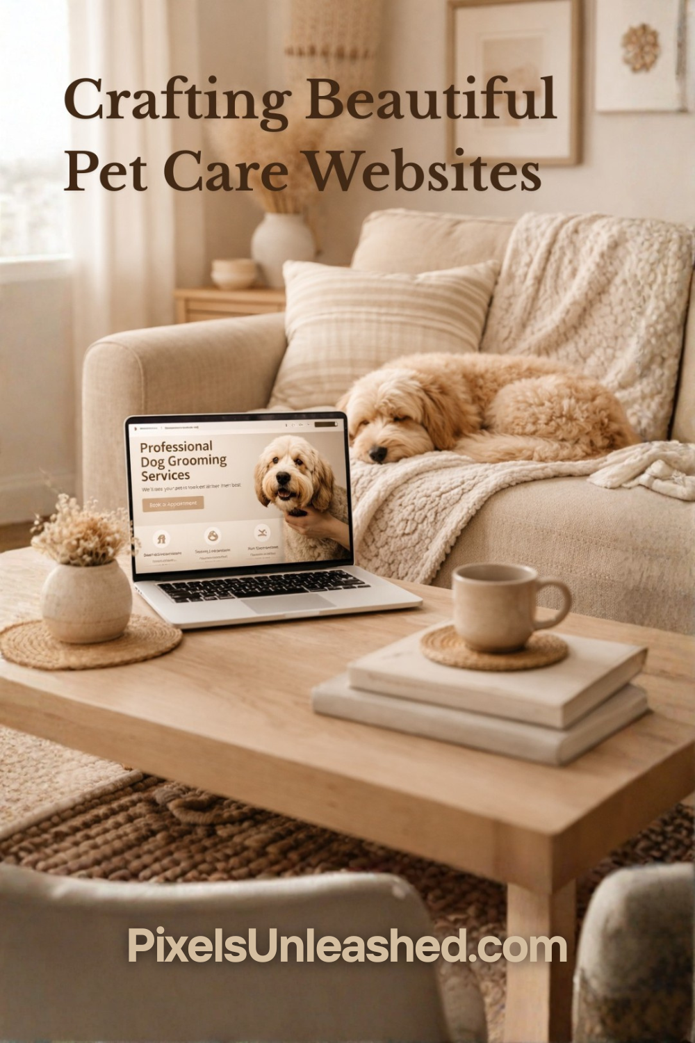 dog groomer website by pixels unleashed displayed on laptop in living room with sleeping dog