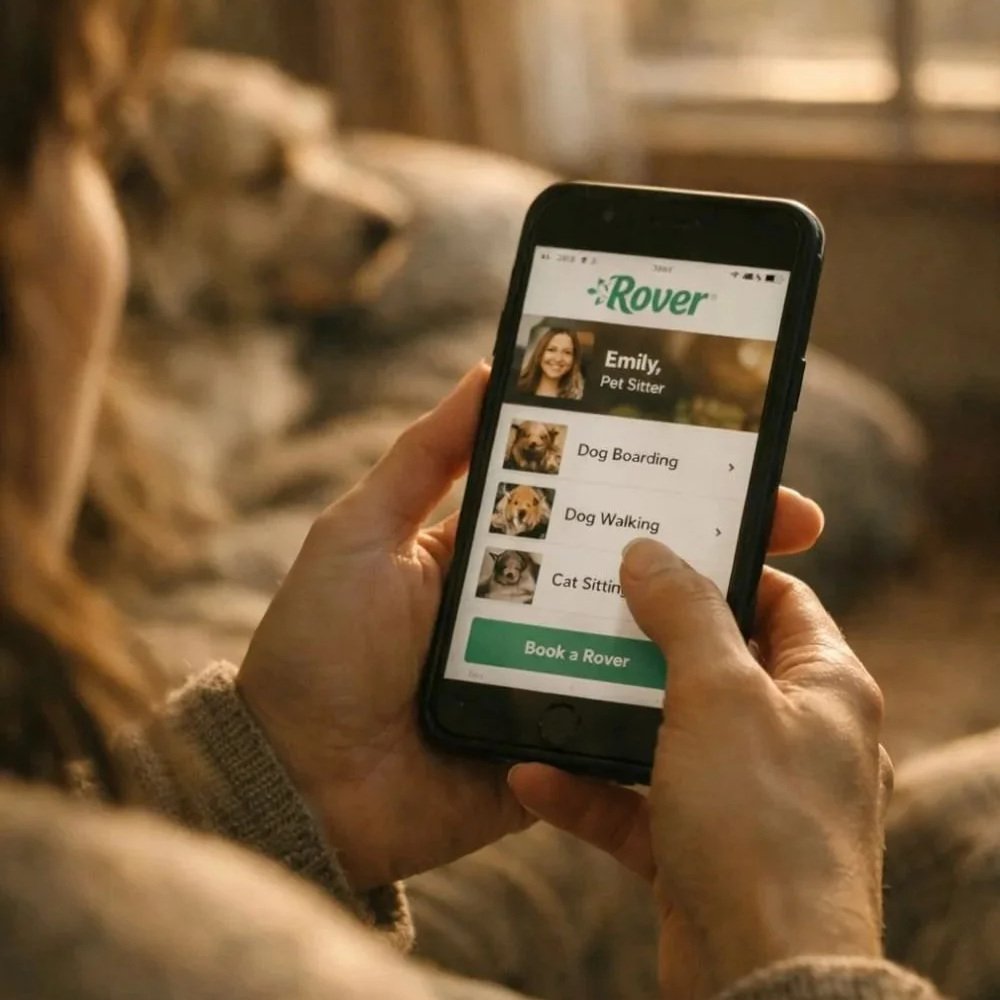 woman with dog looking at rover app