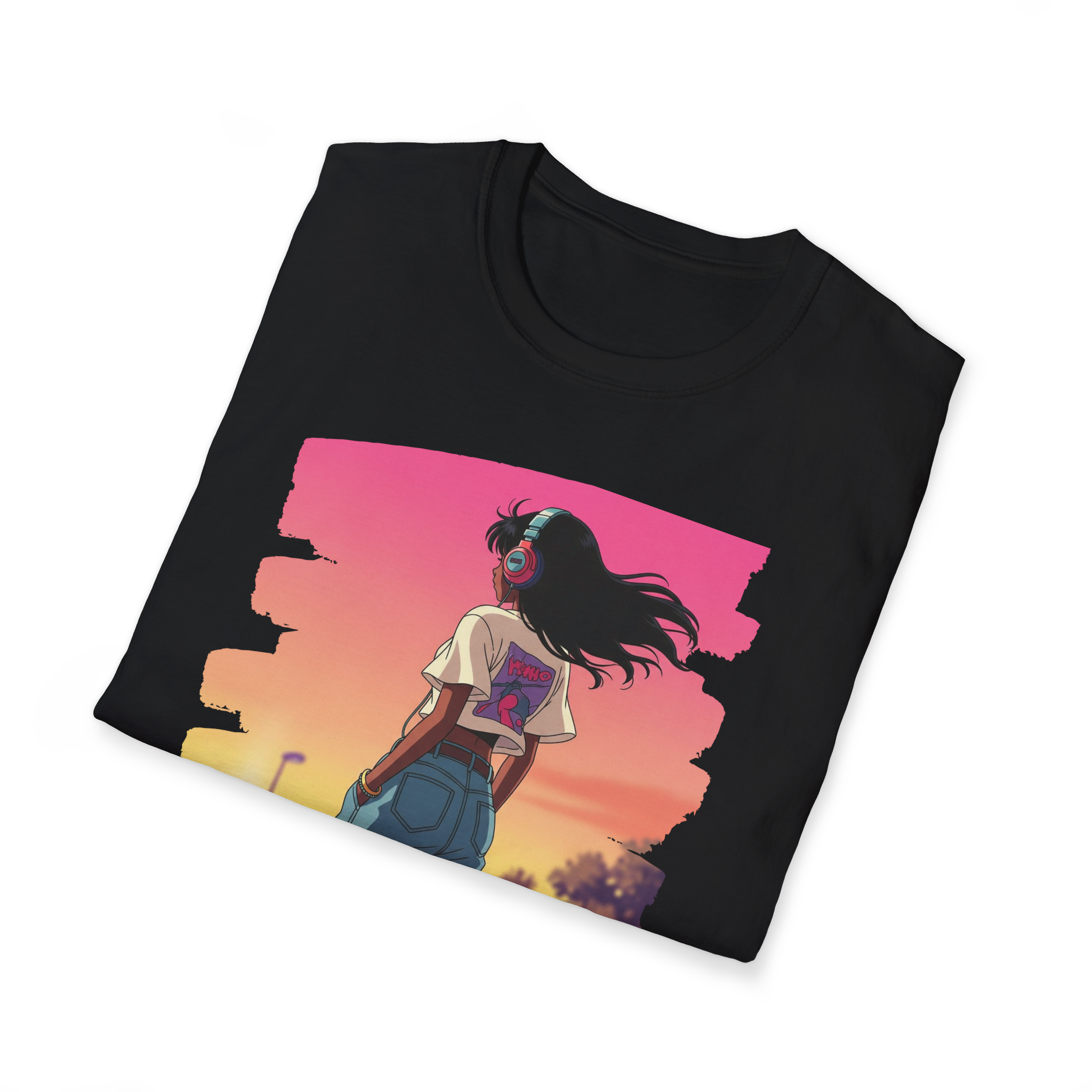 Black T-shirt featuring an animated girl with long dark hair wearing headphones, looking at a sunset sky with a pink, yellow, and purple gradient.