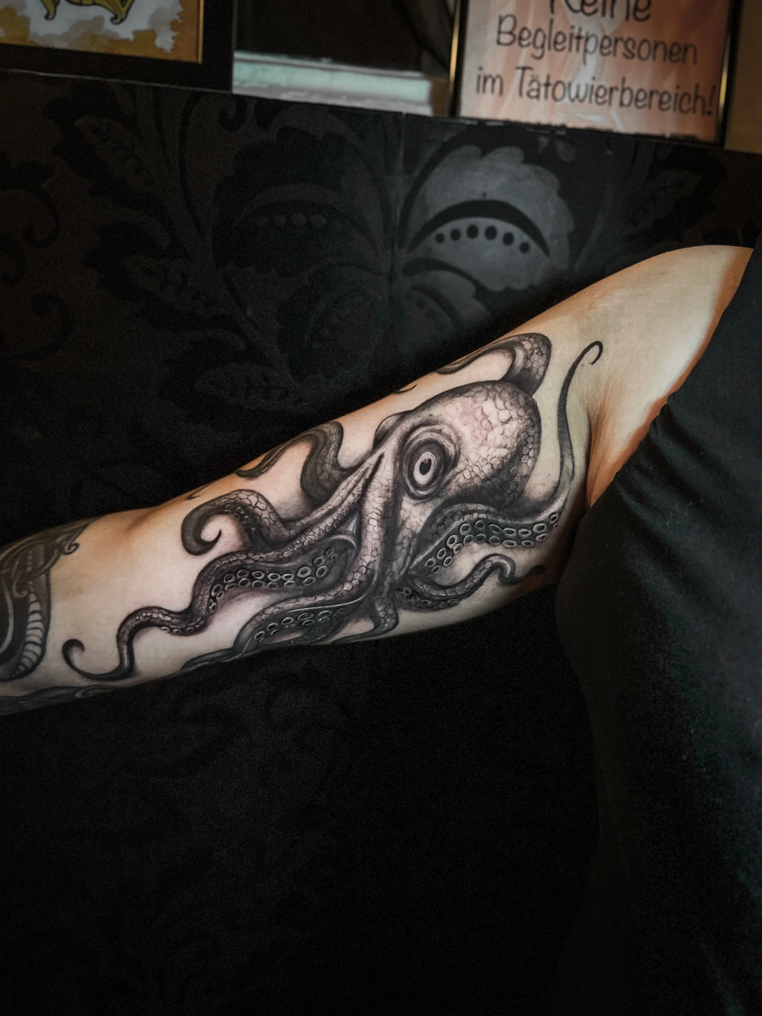 Black-and-Grey-Realistic-Tattoo eines Oktopus auf der Innenseite des Oberarms, mit fein ausgearbeiteten Details und weichen Schattierungen.