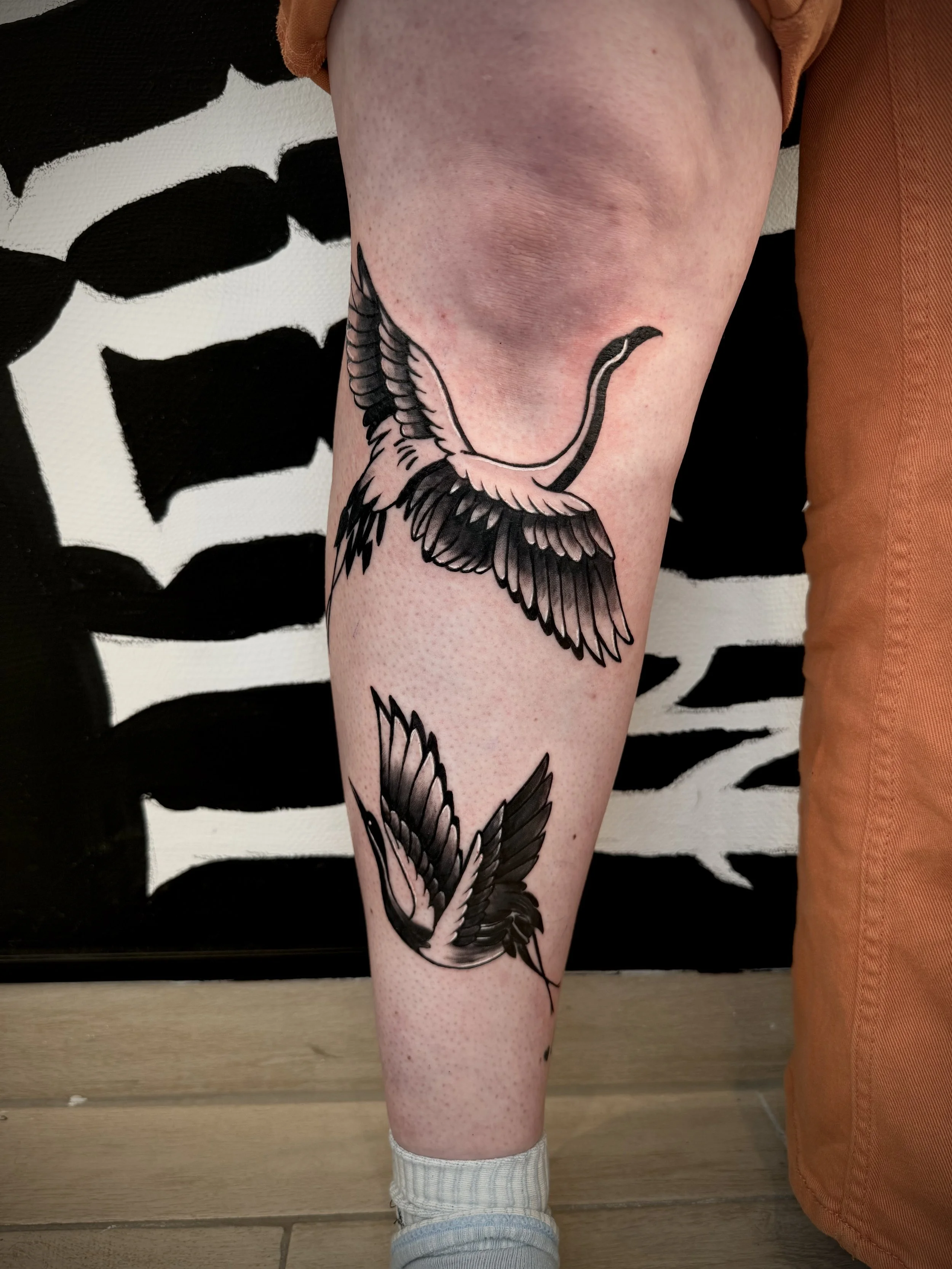 Zwei Kraniche im Neo-Traditional-Stil mit kräftigen schwarzen Linien und dunklen Schattierungen, detailliert auf das Schienbein tätowiert.