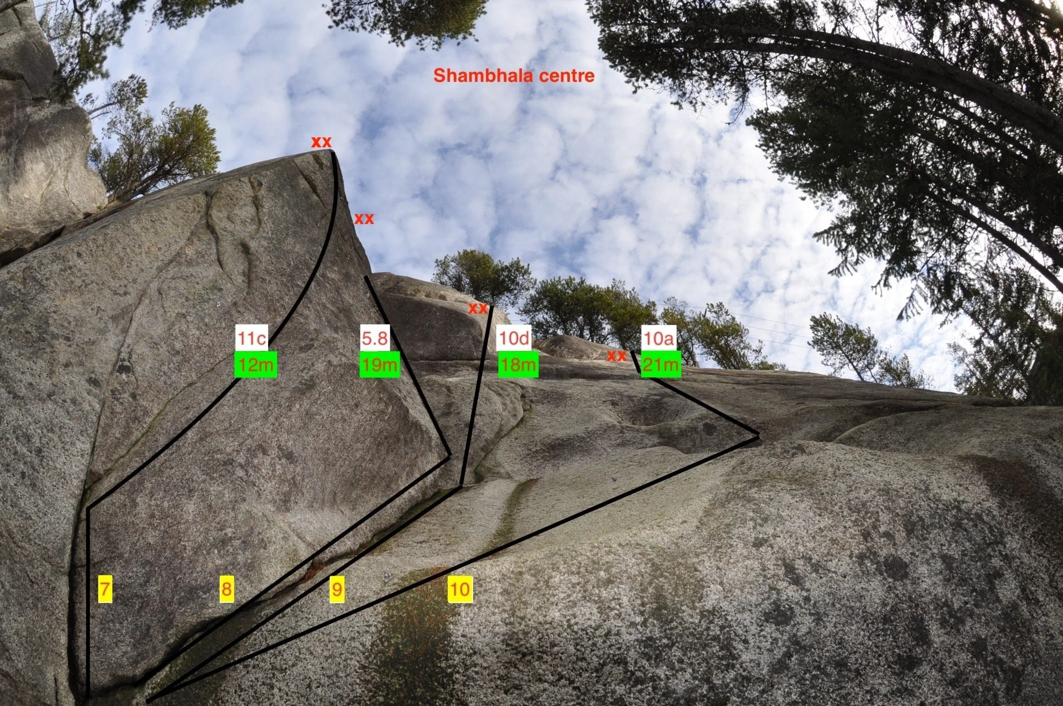 Shambhala Centre
7.	The sport tower, bolts (Jens Ourom);
8.	How does your light shine, wide gear (Anders Ourom);
9.	Everyone was so kind, gear/bolts;
10.	Craters of the moon, bolts;
