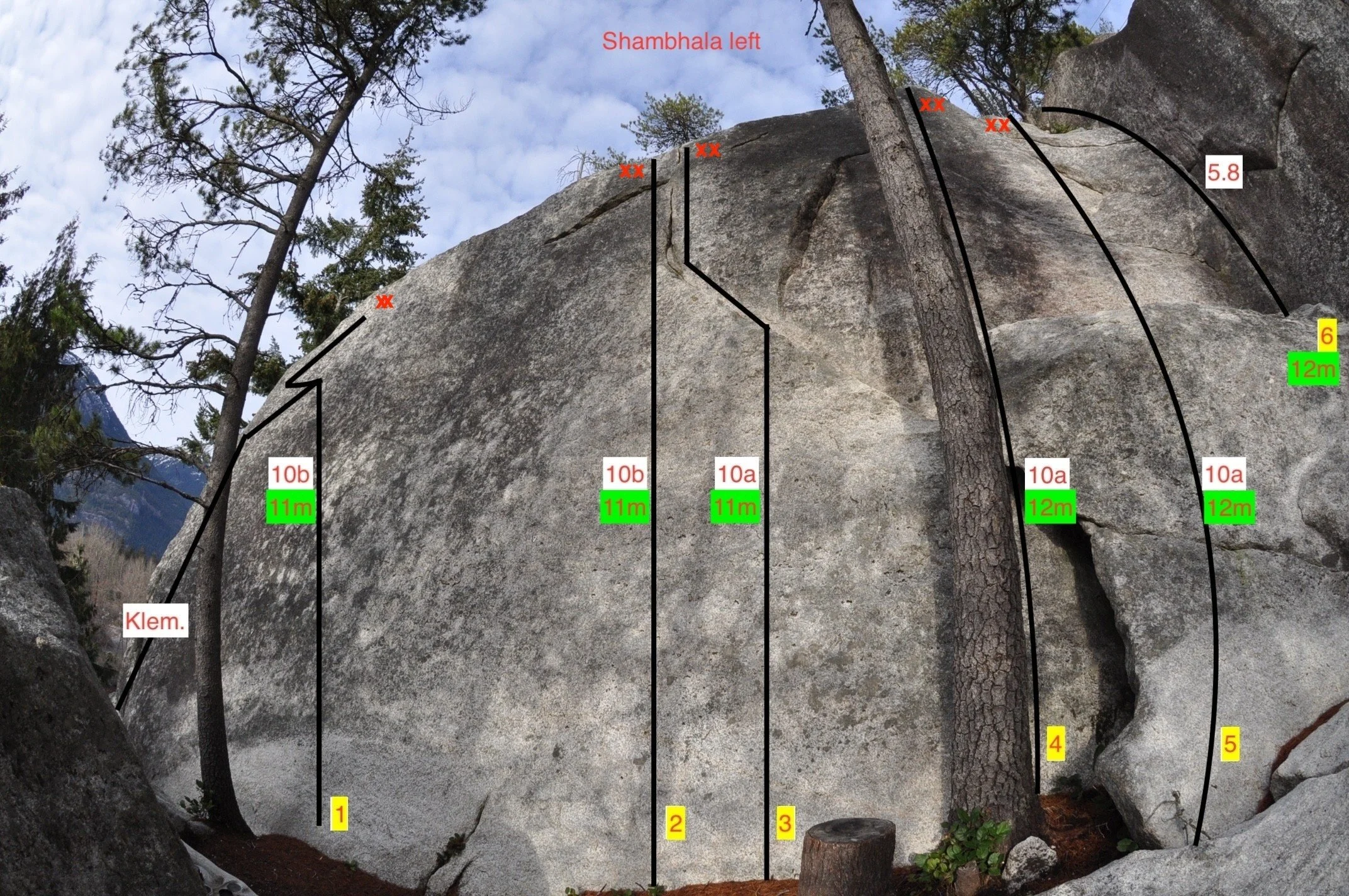 Shambhala Left	
0.    Klemin's route (Klemin Mali);
1.	Skilled with power tools, bolts;
2.	Comfortable at heights, bolts;
3.	Person  of interest, bolts;
4.	Sketchy thin crack, thin gear;
5.	Report to the office, bolts;
6.	Impulse, gear  (Robin Beech)