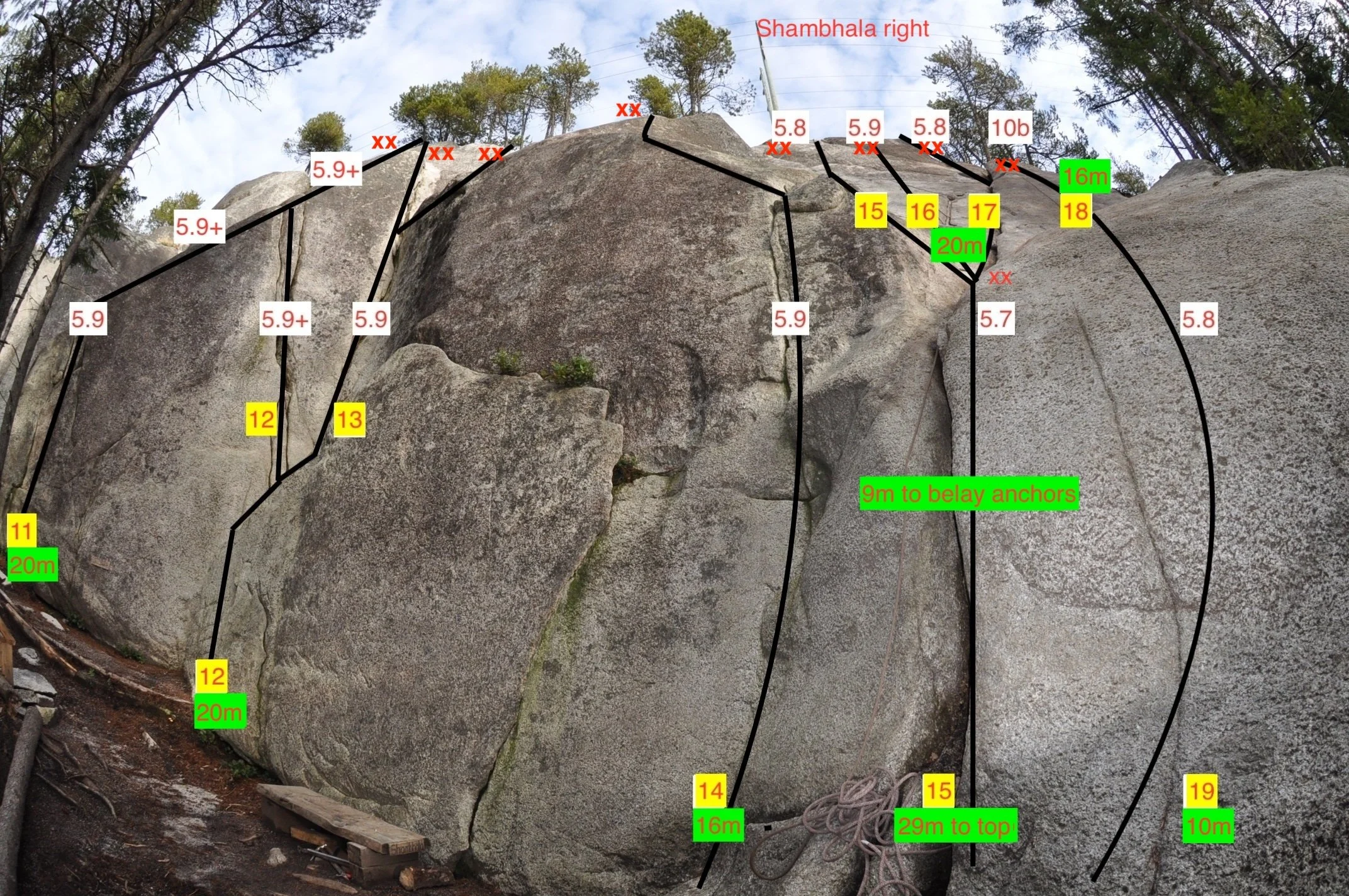 Shambhala Right
11.	Shambhala far left, gear/bolts;
12.	Shambhala left, gear;
13.	Shambhala centre, gear;
14.	The Valleycliffe gang, gear/bolts;
15.	Battle for the bluffs, gear/bolts;
16.	Hikers not bikers, bolts;
17.	Sunset arete, gear/bolts;
18.	Su