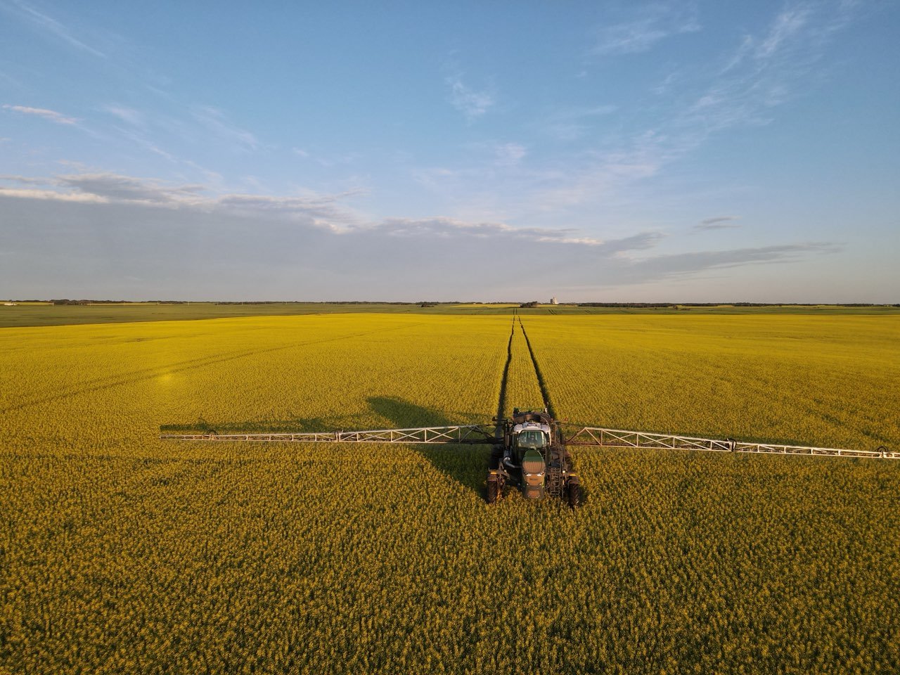 A large tractor pulling a sprayer through a canola field in Saskatchewan