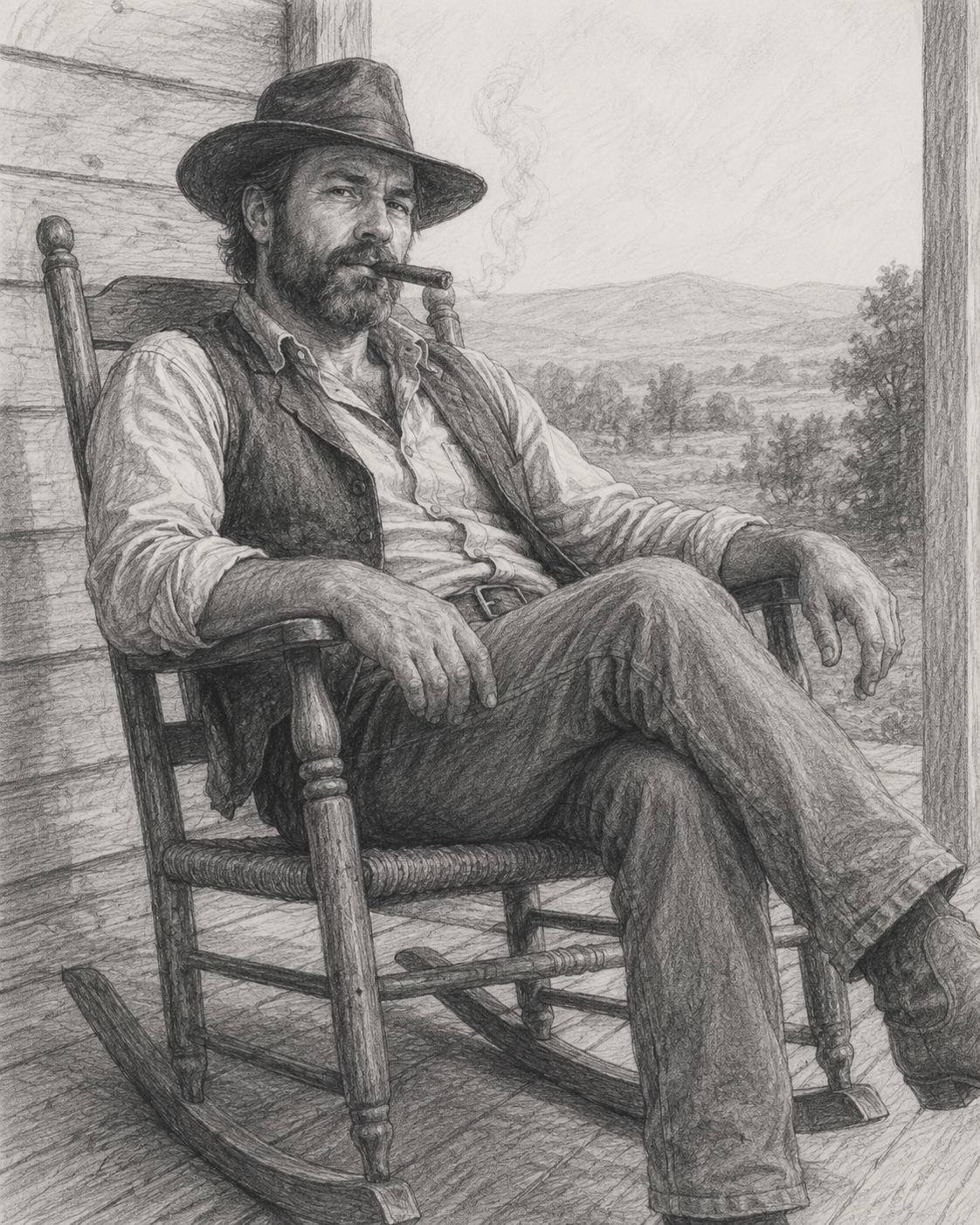 A black-and-white sketch of a man sitting on a rocking chair on a porch, smoking a cigar, with a hat and casual clothing, overlooking a rural landscape with trees and hills.