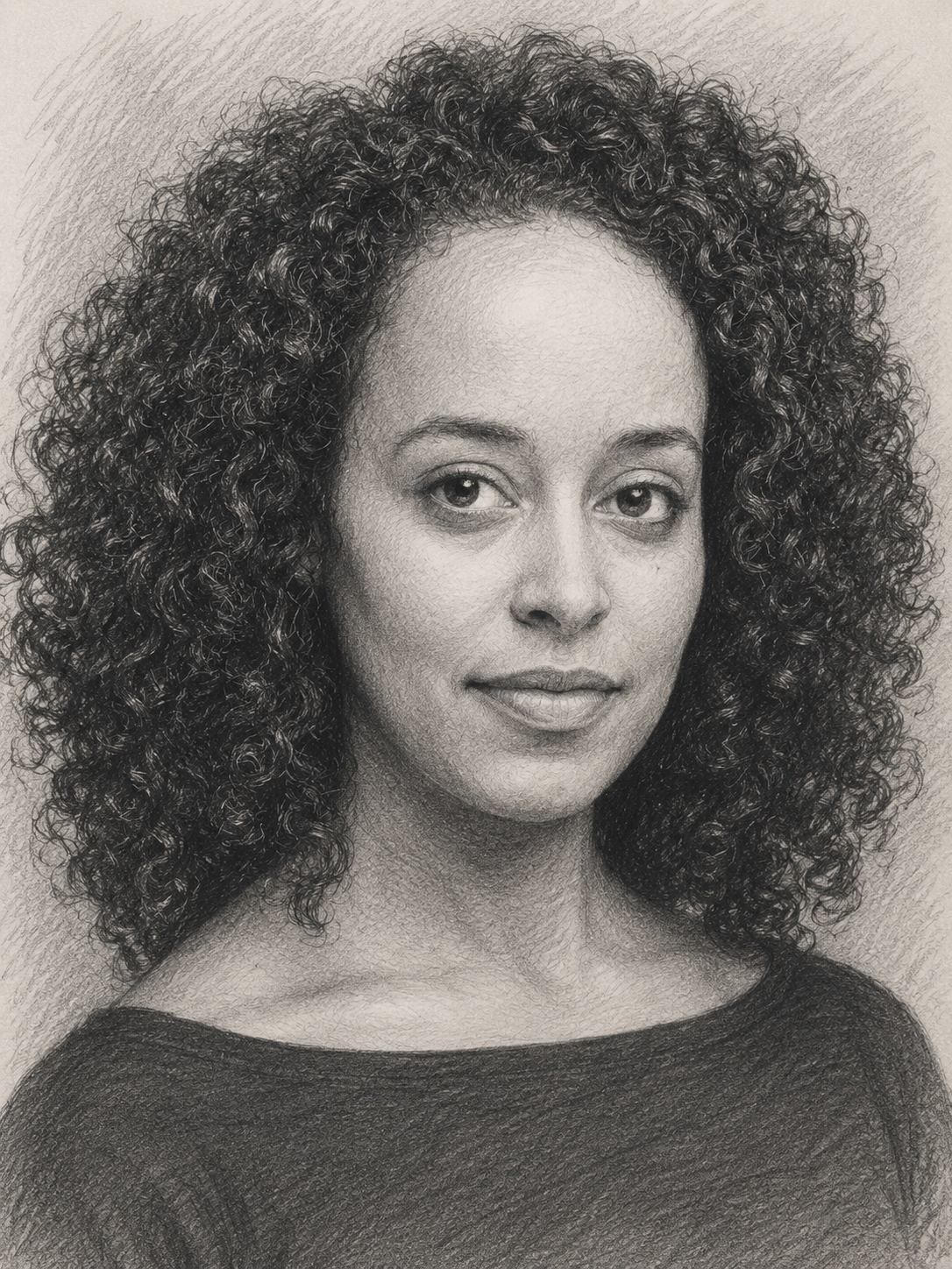 A detailed black and white pencil sketch of a woman with curly hair, wearing a dark top, looking directly at the viewer.