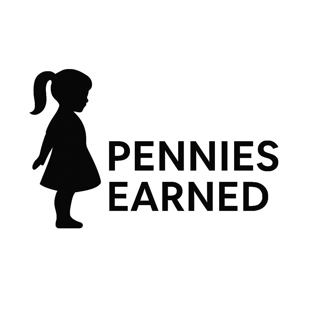 Silhouette of a girl with a ponytail next to the text 'Pennies Earned' in black.