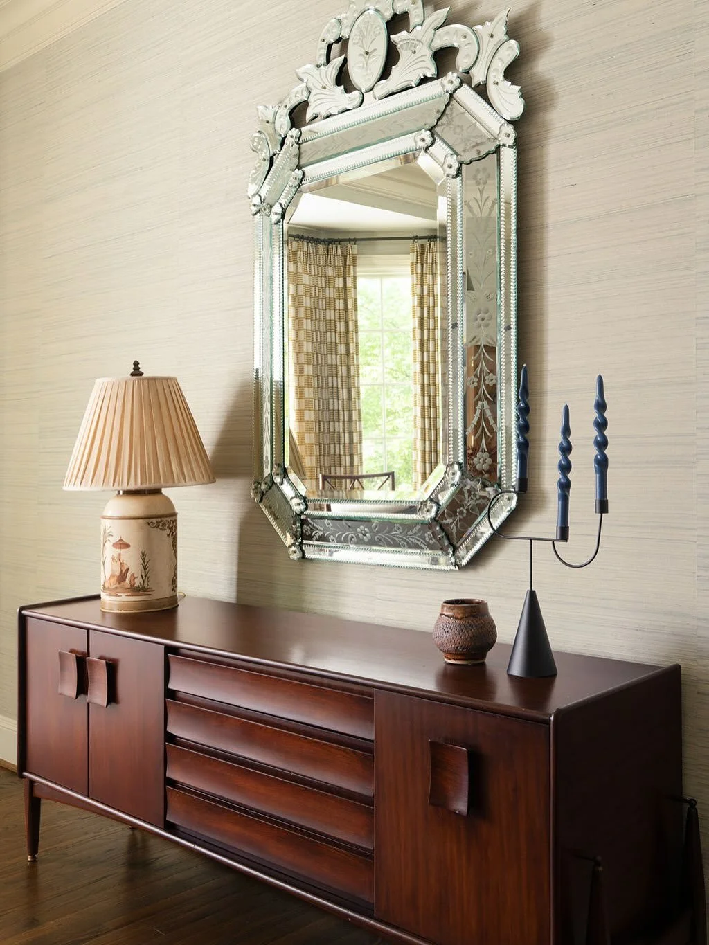 Let&rsquo;s take a tour around this Preston Hollow dining room with pieces sourced from all over. The curtain fabric and custom Italian travertine table came from the UK. The custom bar cabinet was made in LA. I found the vintage sideboard from a ven