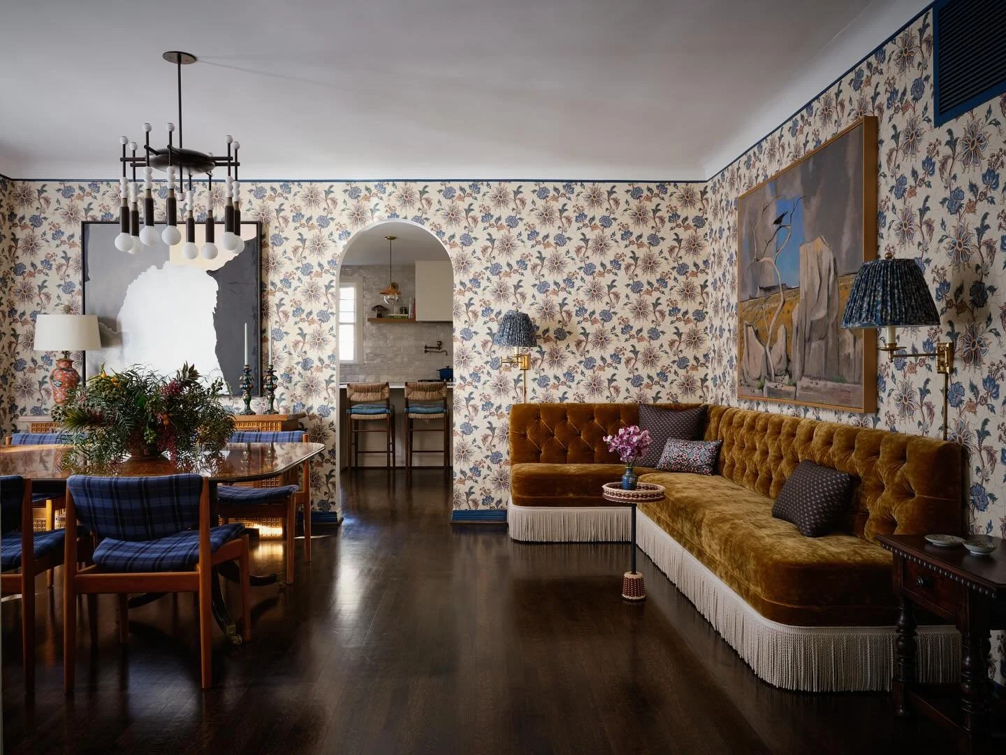 Highland Park dining room. A beautiful little spatial riddle with pass-throughs to both the kitchen and formal living room. Our solution: offsetting the dining area and building a custom banquette made for cocktails, conversation, and a bit of gossip