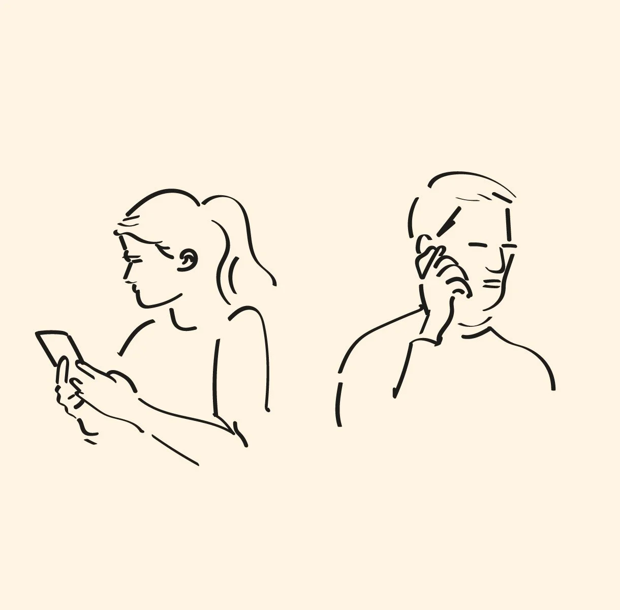 Linjetegning av en kvinne og en mann som begge er opptatte med telefonene sine – kvinnen taster og mannen snakker i mobilen.