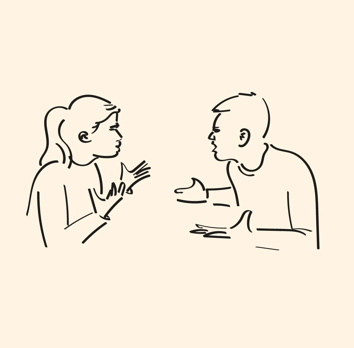 Linjetegning av en kvinne og en mann som krangler/diskuterer heftig.