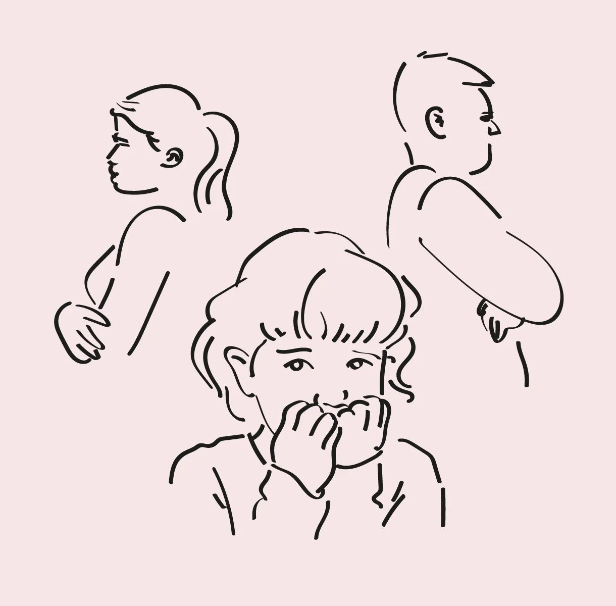 Linjetegning av en mann og en kvinne som står vendt bort fra hverandre, og en trist jente i midten.