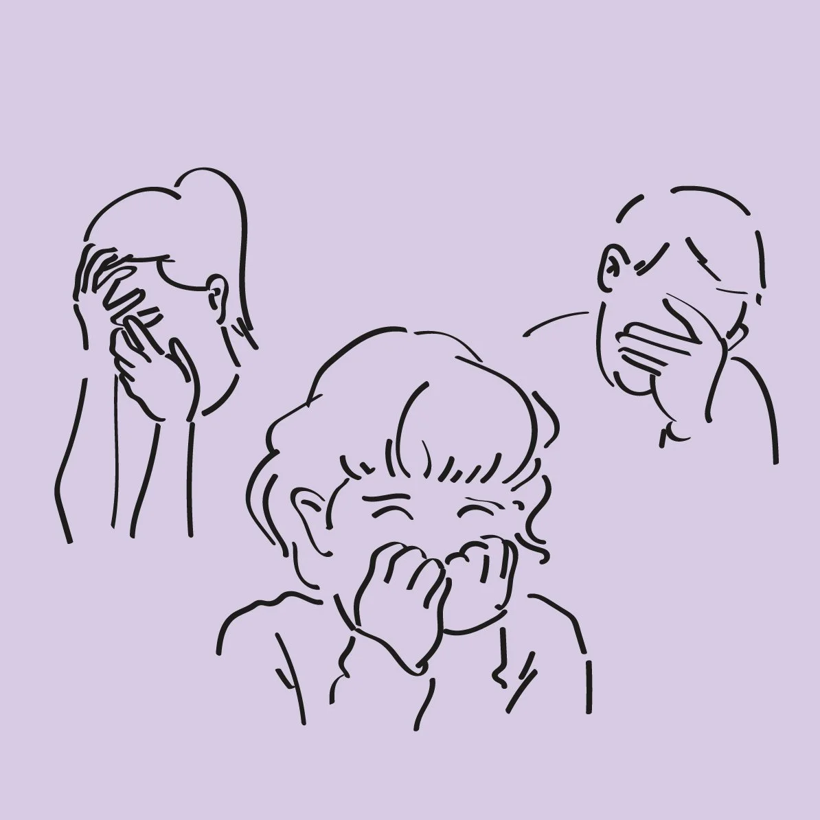 Linjetegning av en mann og en kvinne som skjuler ansiktene sine i hendene og en jente som lukker øynene.