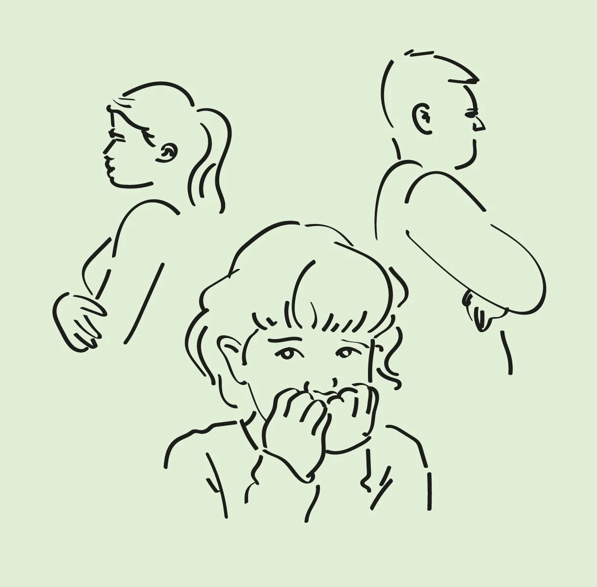 Linjetegning av en mann og en dame som krangler, med en trist jente I forgrunnen.