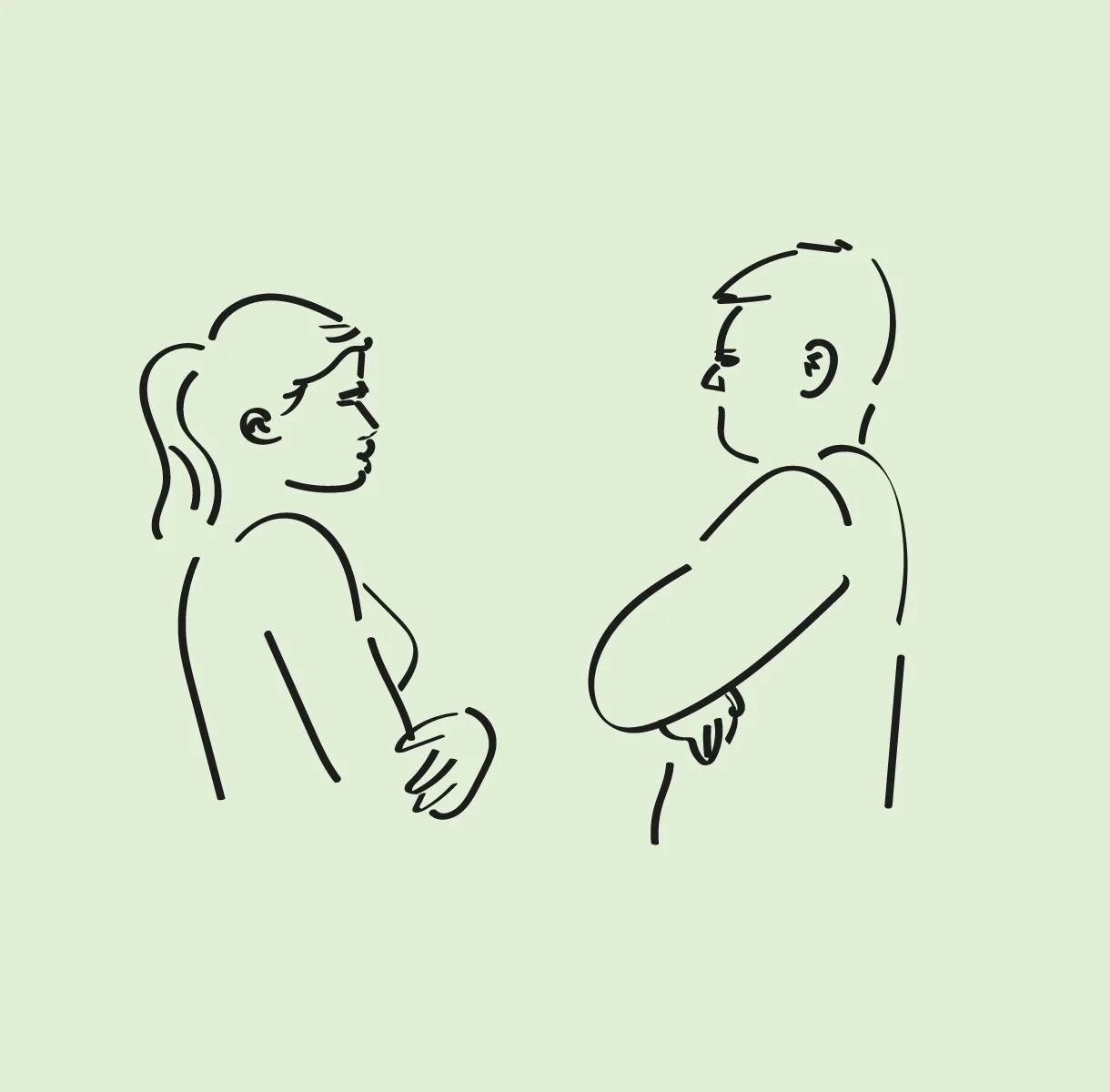 Linjetegning av en mann og en kvinne som står mot hverandre med armene i kryss.
