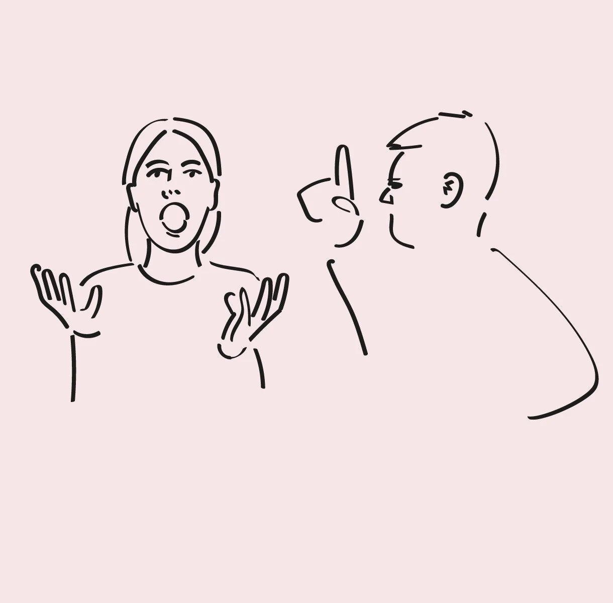 Linjetegning av en kvinne som skriker mot en mann som hever fingeren mot henne.