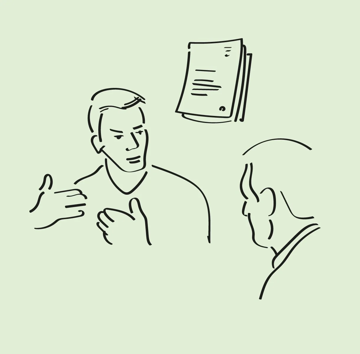 Linjetegning av to menn som diskuterer.