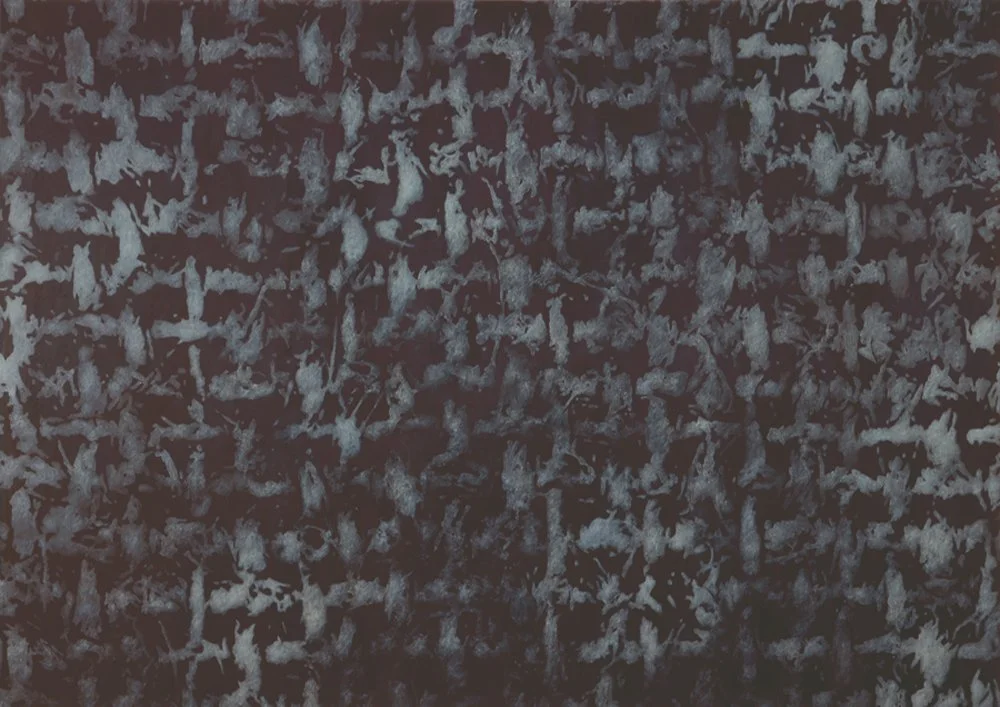 White Threads of the Waterfall, 1987, 78” tall x 108” wide. Oil and etching ink on canvas. Collection of Museum London.
For a few years, I painted the same image over and over, the weave of canvas enormously magnified. I thought of it as a net to c