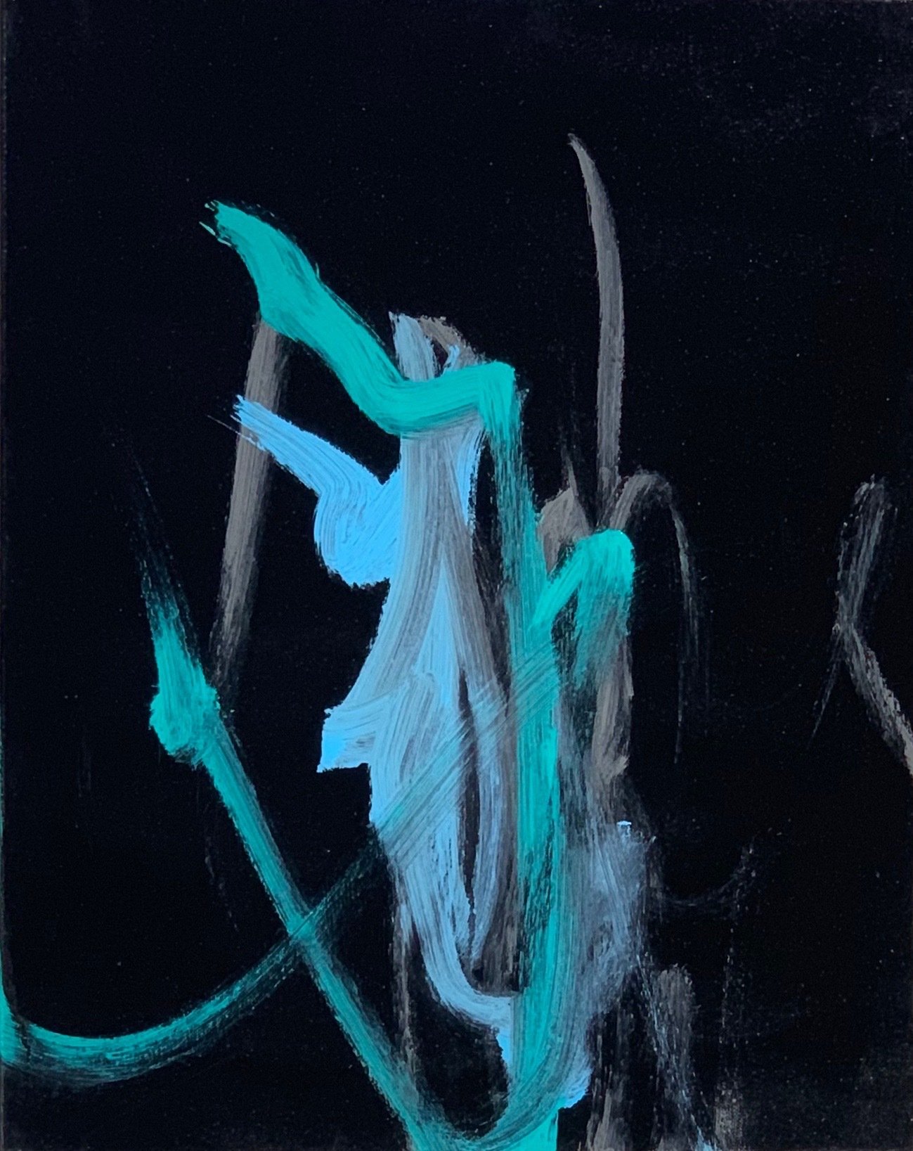 Blue, grey and black painted canvas painted by a real elephant in Hill Country Texas.