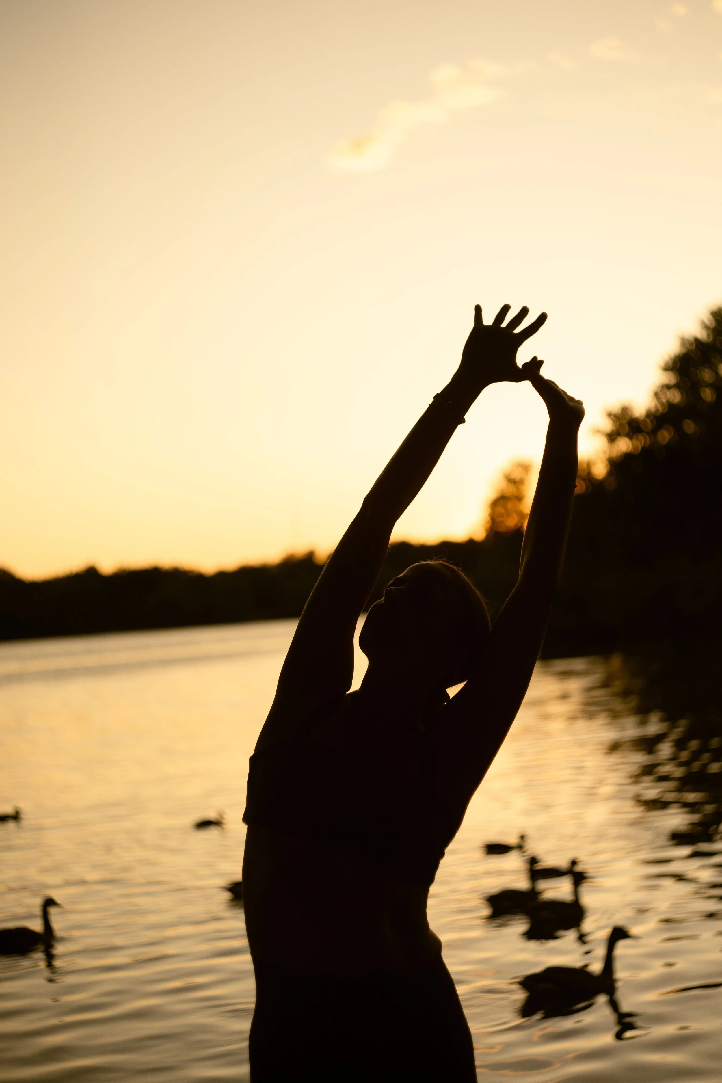 Maureen Flynn practicing a yoga side bend / back bend outdoors at sunset in Brooklyn’s Prospect Park, with arms extended overhead, the lake, swimming ducks, and trees in the background.