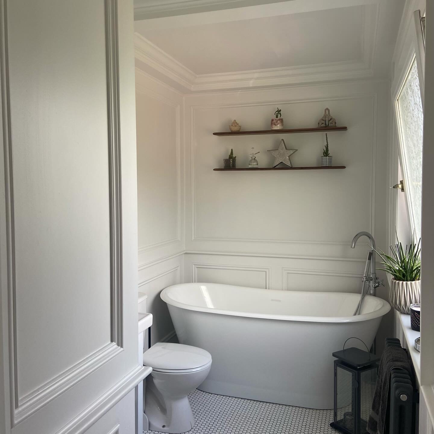 We loved how this bathroom renovation turned out. 

Gorgeous panelling, coffered ceiling, penny porcelain flooring and a re arranged floor plan. 

Swipe for before pics 

Walls and ceiling painted in &ldquo;Wevet&rdquo; from @farrowandball . 

Drop u