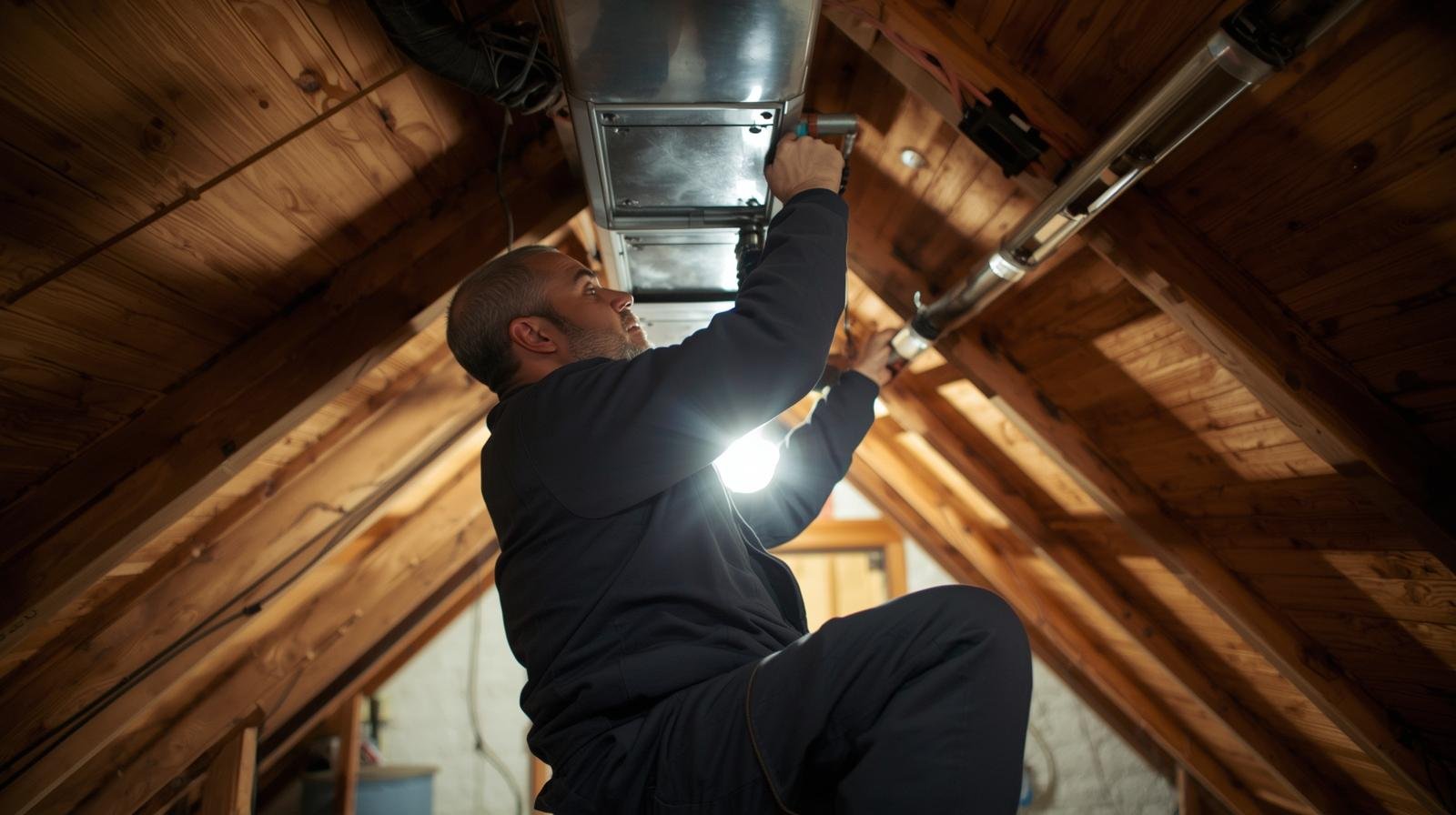 HVAC technician inspecting furnace system in residential attic during January maintenance service in Orange County