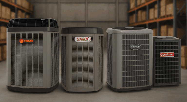 four HVAC outdoor condenser units from Trane, Lennox, Carrier, and Goodman displayed side by side in a warehouse showing major AC brands available in Orange County