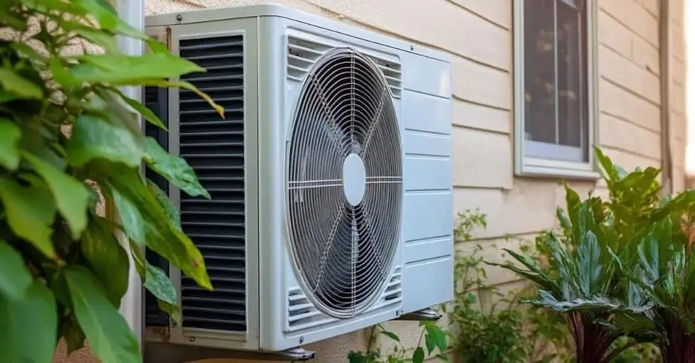 ductless mini split outdoor condenser unit mounted on exterior wall of Orange County home