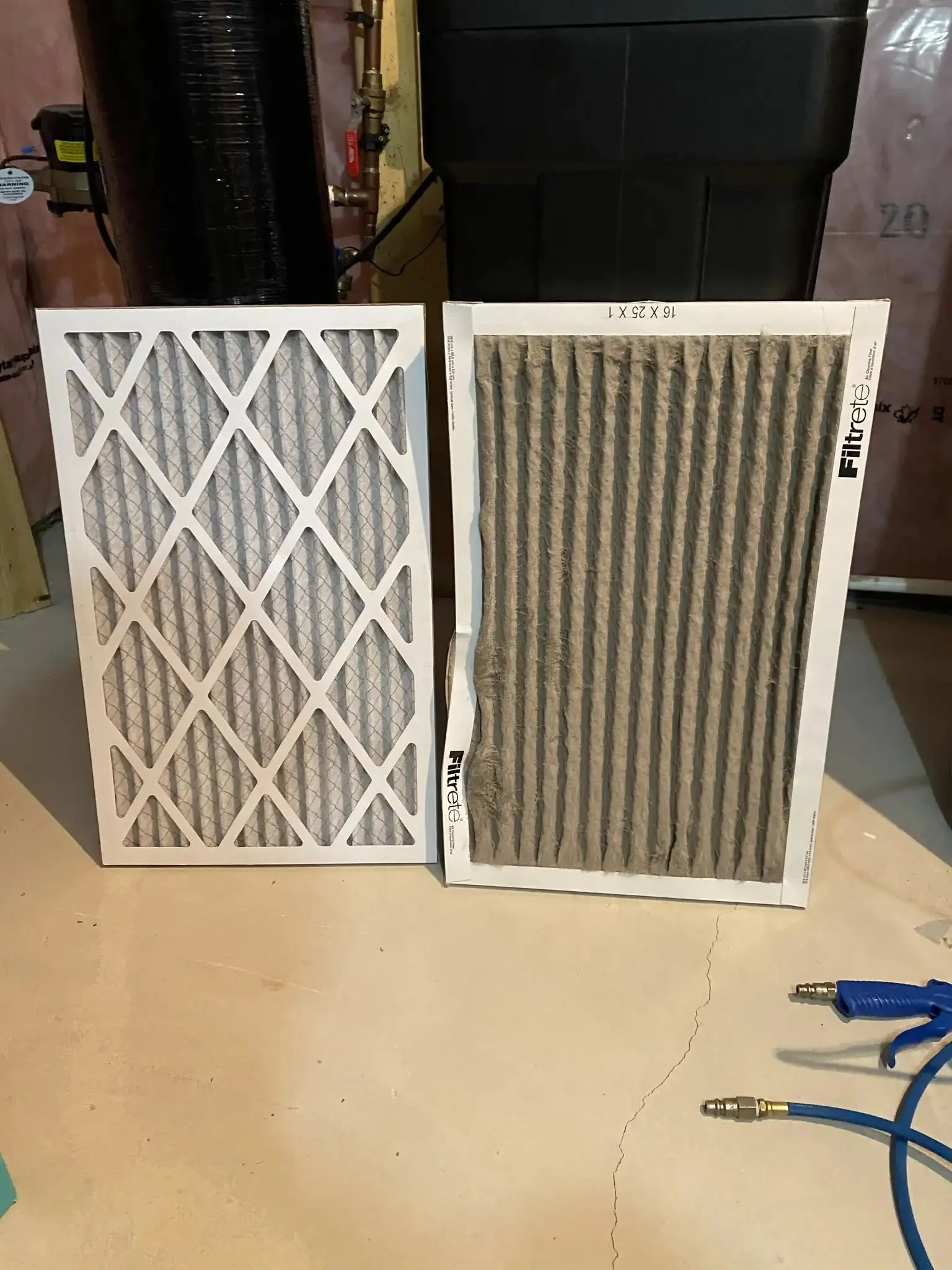 Dirty vs clean HVAC air filter comparison showing dust buildup and need for regular replacement