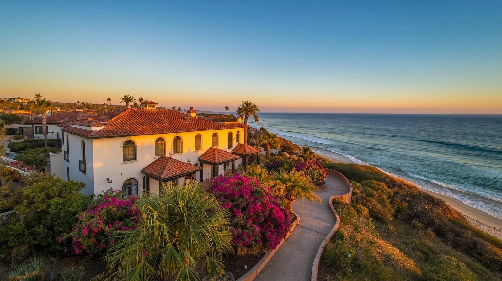 Coastal Newport Beach home at sunset showing why AC sizing requirements differ from inland Anaheim Hills