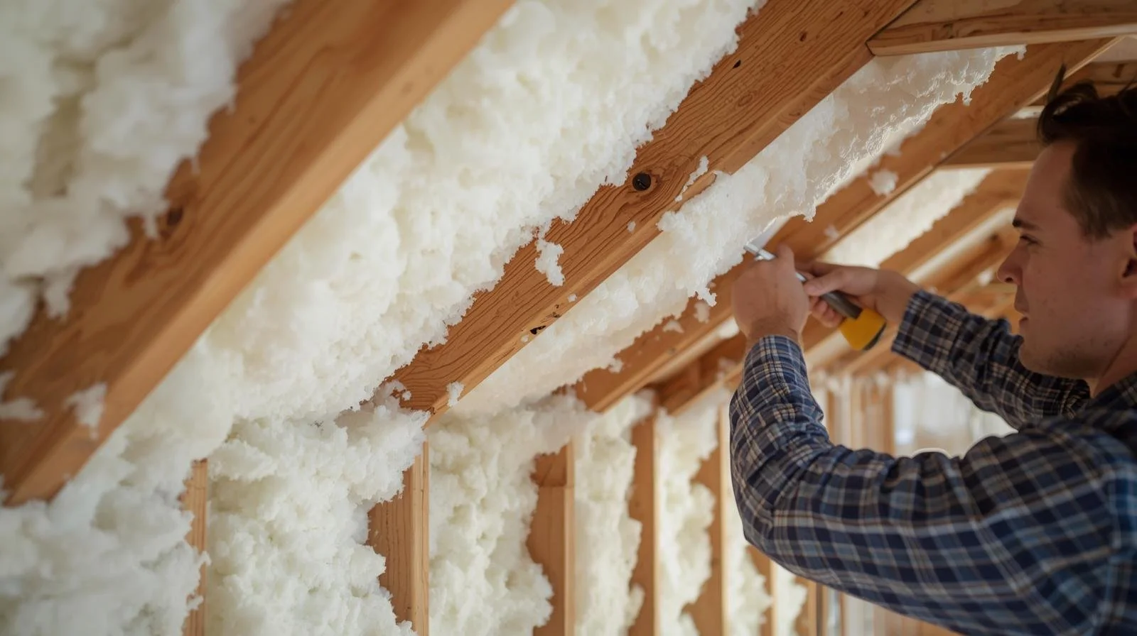 Contractor using spray gun to install white foam insulation between wooden roof rafters in attic for improved energy efficiency and lower heating bills