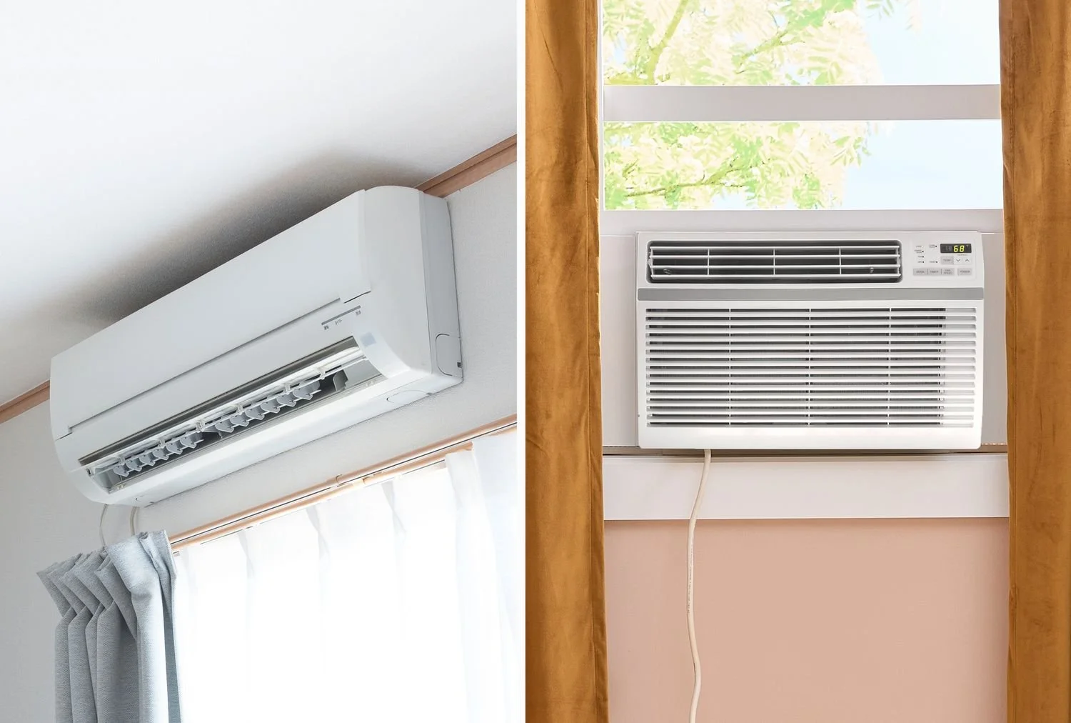 side by side comparison of a ductless mini split wall unit and a window air conditioner