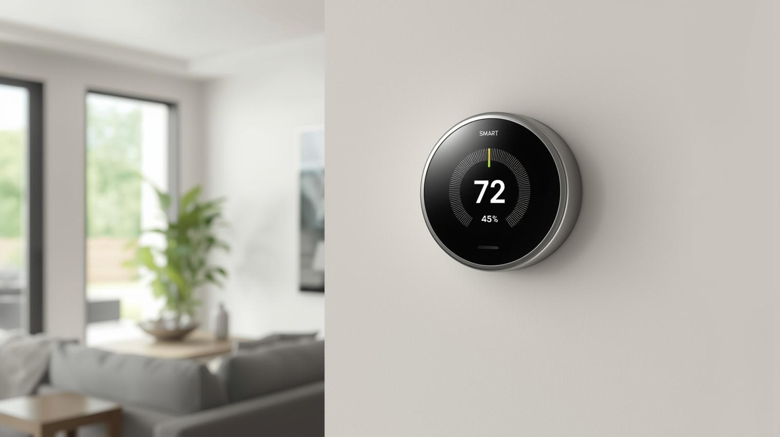 Smart thermostat displaying 72 degrees temperature and 45 percent humidity for optimal home comfort