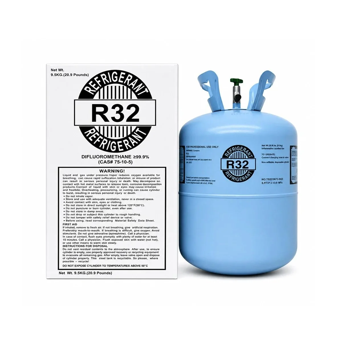 R-32 difluoromethane refrigerant cylinder and packaging for mini split HVAC systems
