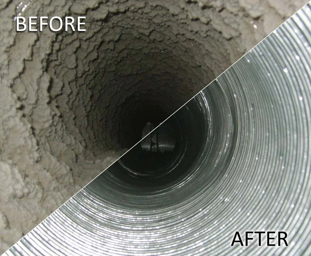 before and after comparison of HVAC air duct cleaning showing heavy dust buildup removed for improved air quality