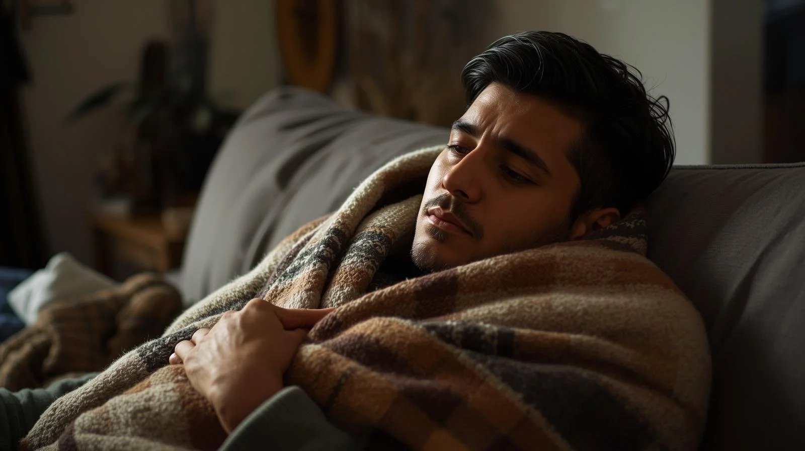 Person wrapped in blanket at home trying to stay warm and save on heating costs