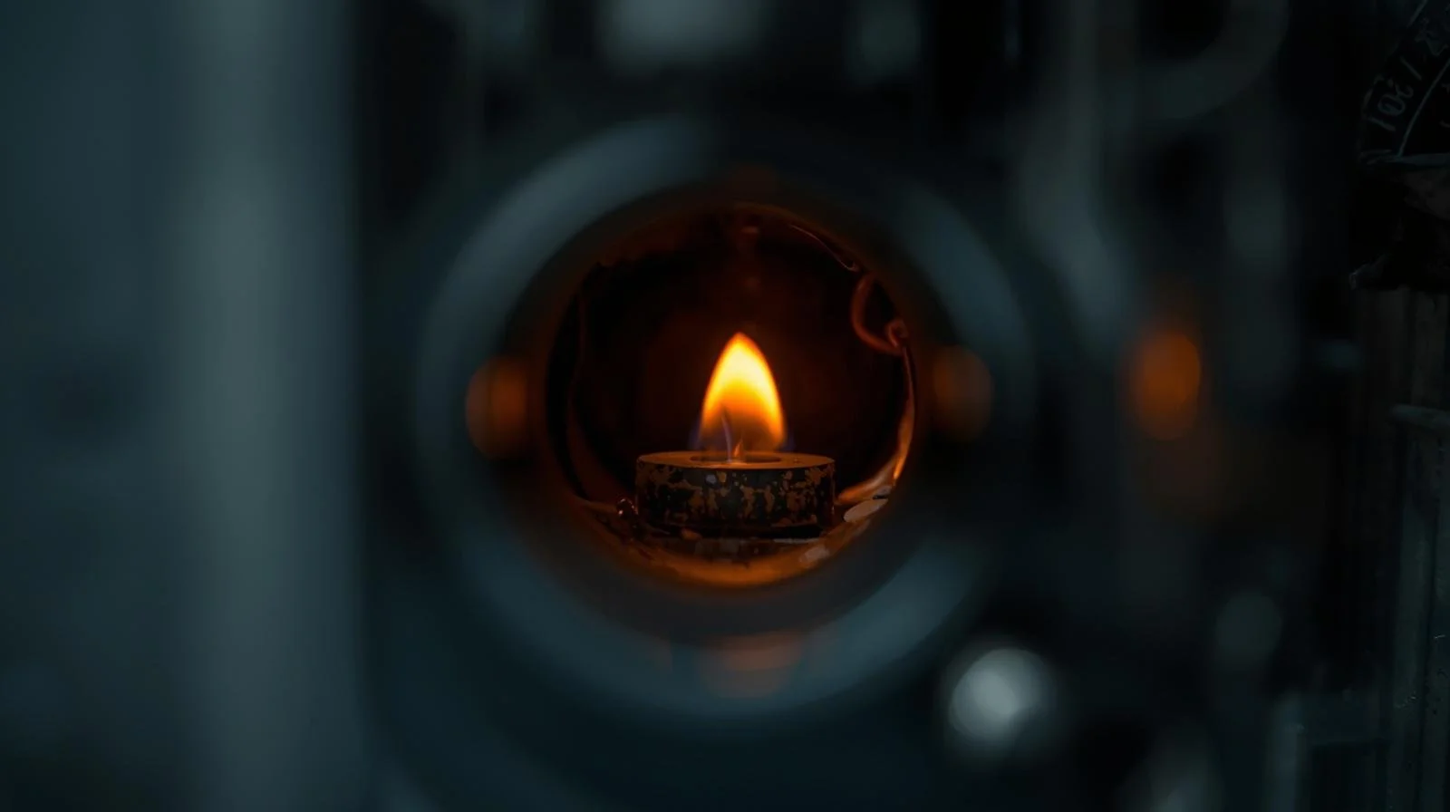 Close-up of yellow-orange furnace pilot light flame showing incomplete gas combustion that produces dangerous carbon monoxide levels