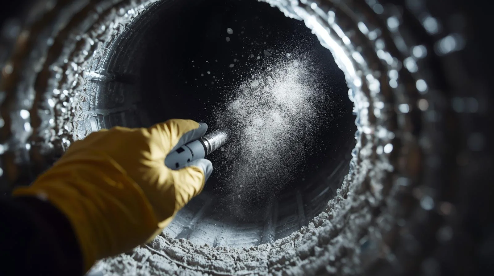 HVAC technician wearing yellow protective glove using rotating brush tool inside circular metal air duct to remove accumulated dust and debris during professional duct cleaning service