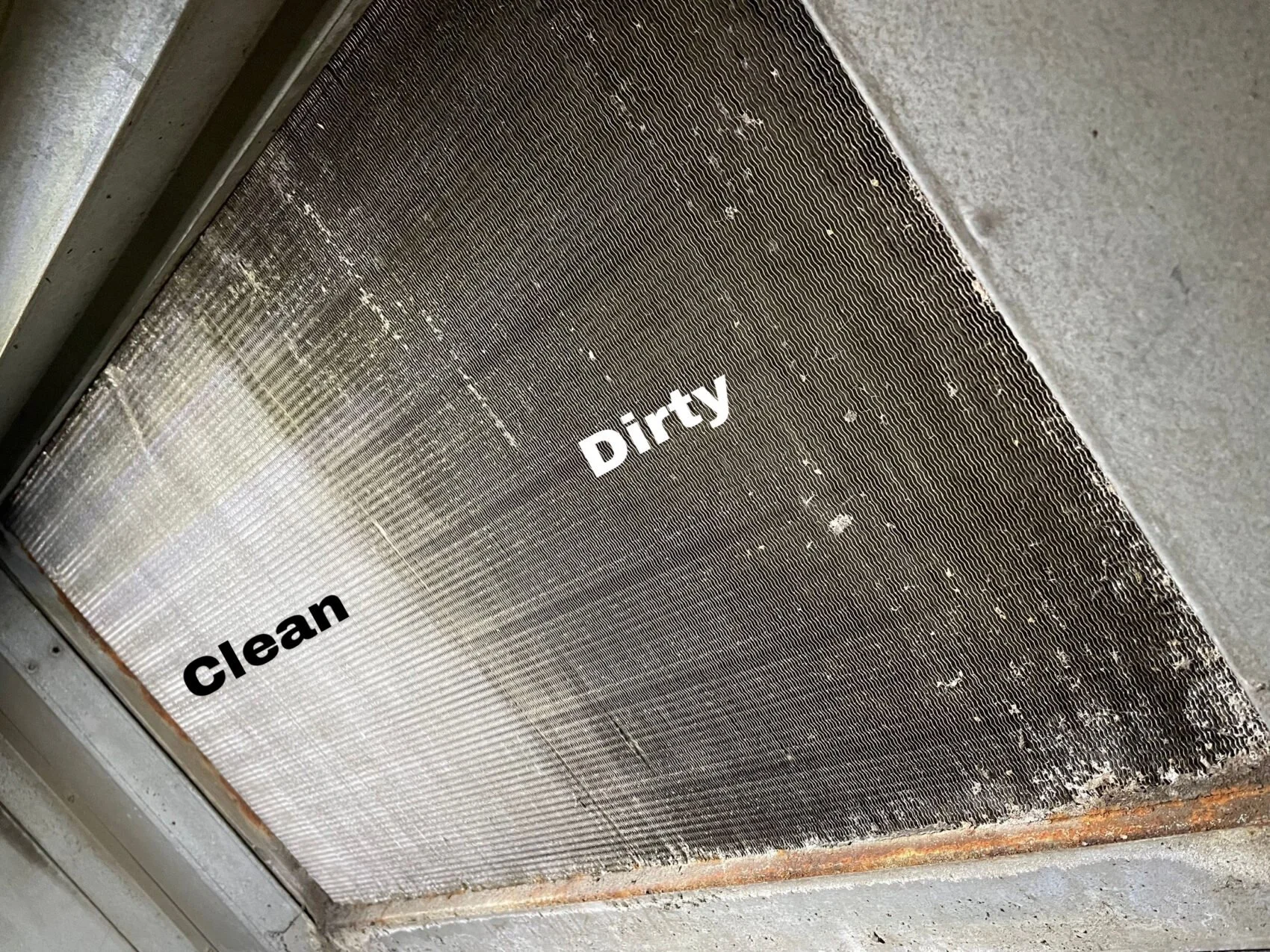 side-by-side comparison of clean and dirty HVAC evaporator coil showing buildup and debris in Orange County home