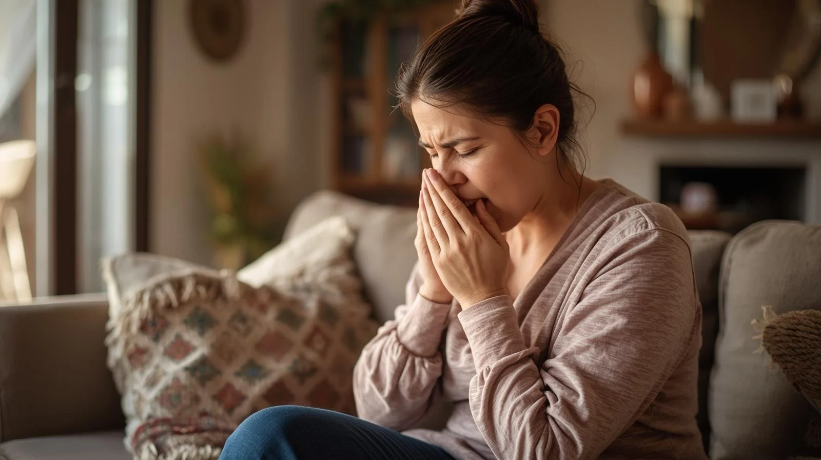 Woman experiencing coughing and respiratory symptoms from poor indoor air quality in Orange County home