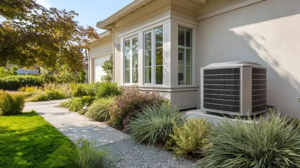 HVAC outdoor condenser unit installed on a concrete pad beside a modern home exterior with landscaped front yard in Orange County