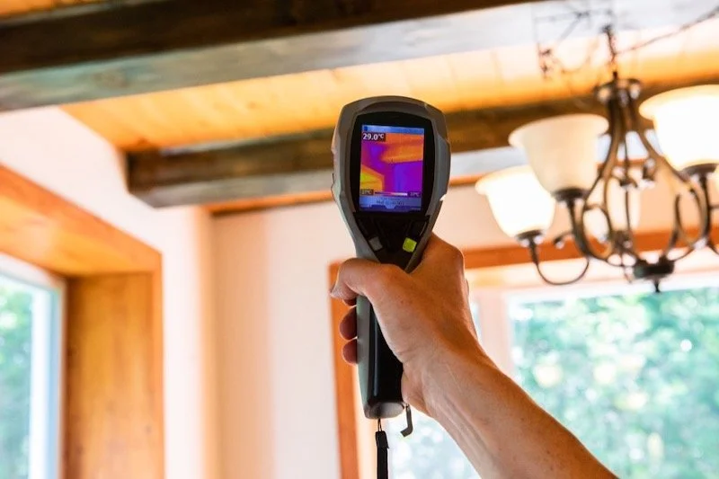 Technician using thermal imaging camera to detect air leaks and improve indoor air quality in home