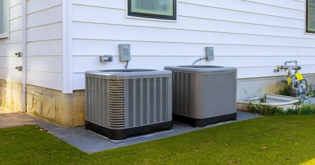 two AC condenser units installed on a concrete pad outside a Yorba Linda home