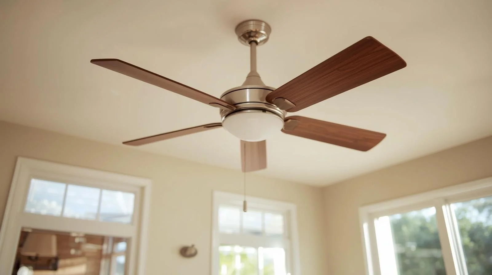 Ceiling fan in reverse mode circulating warm air during winter in home