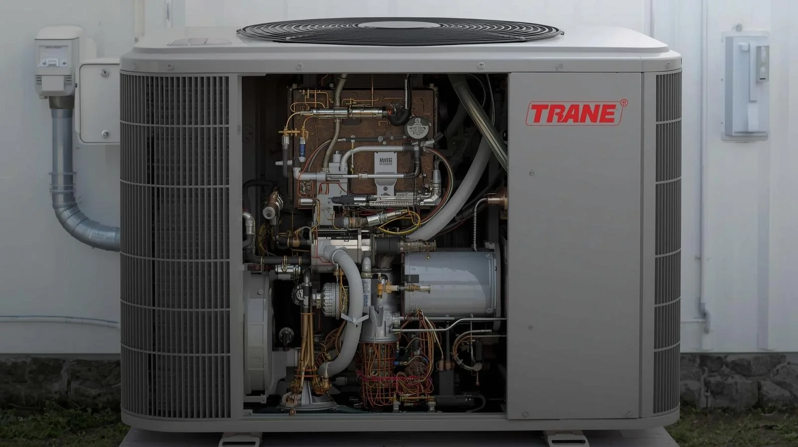 Trane heat pump outdoor unit with access panel removed revealing internal refrigerant lines, compressor, and electrical components for heating and cooling